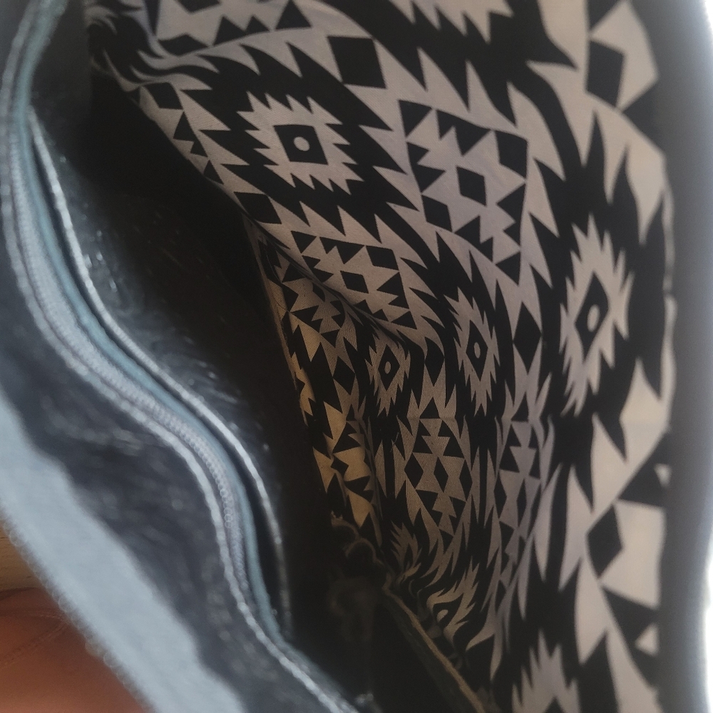 Calf Hair On Hide Hsndcrafted Leather XL Fringe Bag Embossed Aztec Western Vibes - Picture 5 of 9